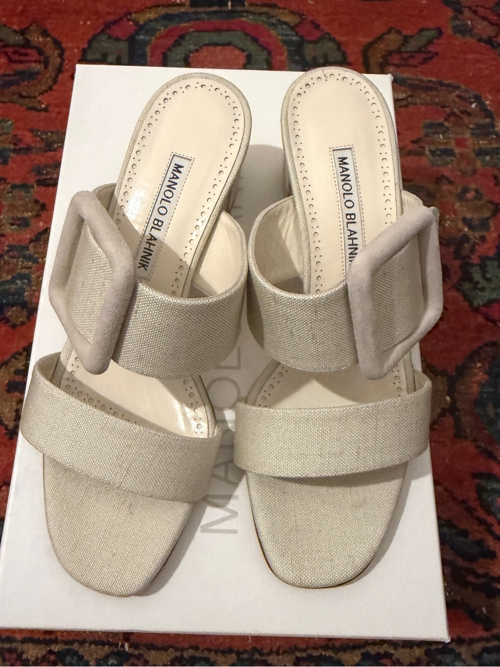 Manolo Blahnik Linen Titubanew open toe Mules. Brand New in box